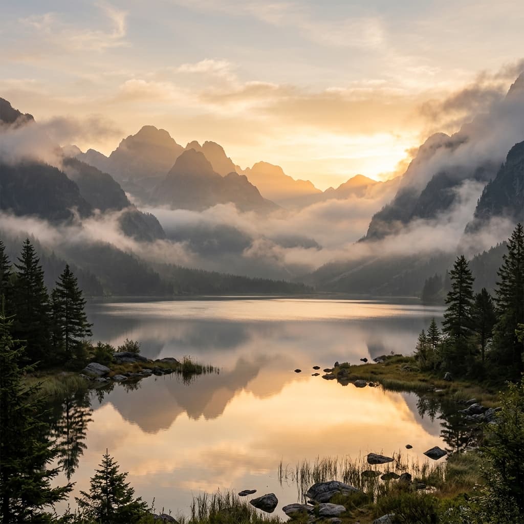 Misty Mountain Sunrise Background